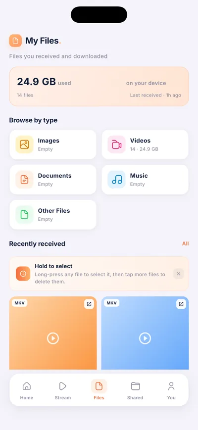 Sendu on iPhone β received files sorted by category