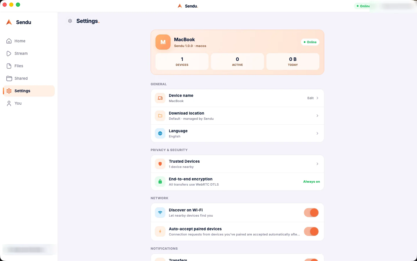Sendu on macOS β settings