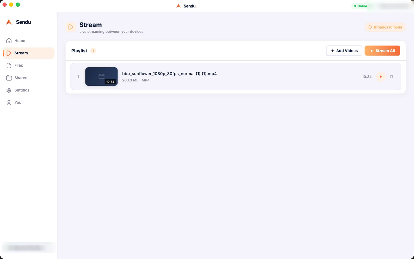 Sendu on macOS β streaming a video to the TV