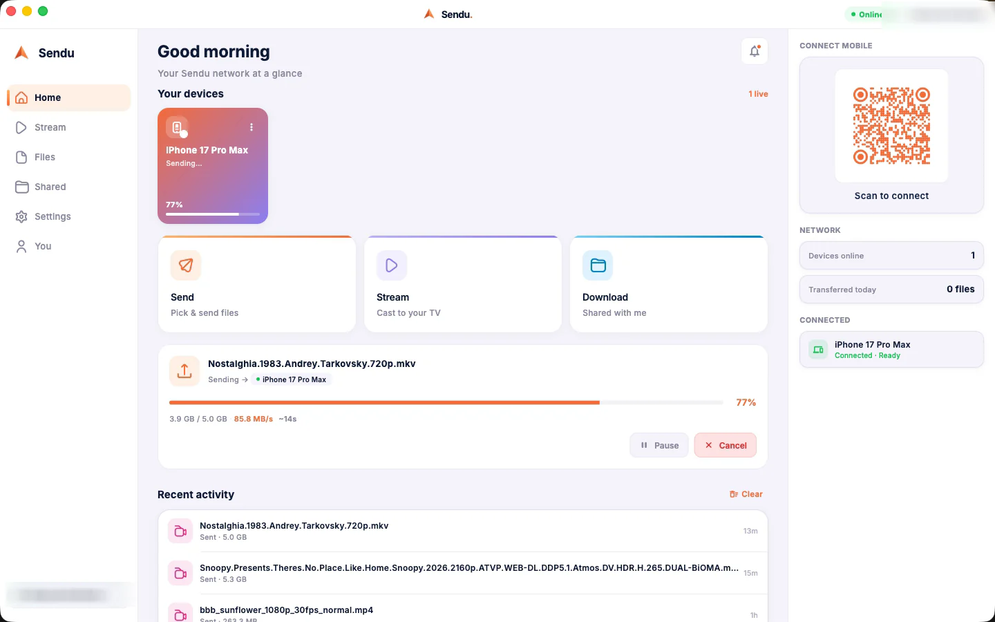 Sendu on macOS β file transfer in progress