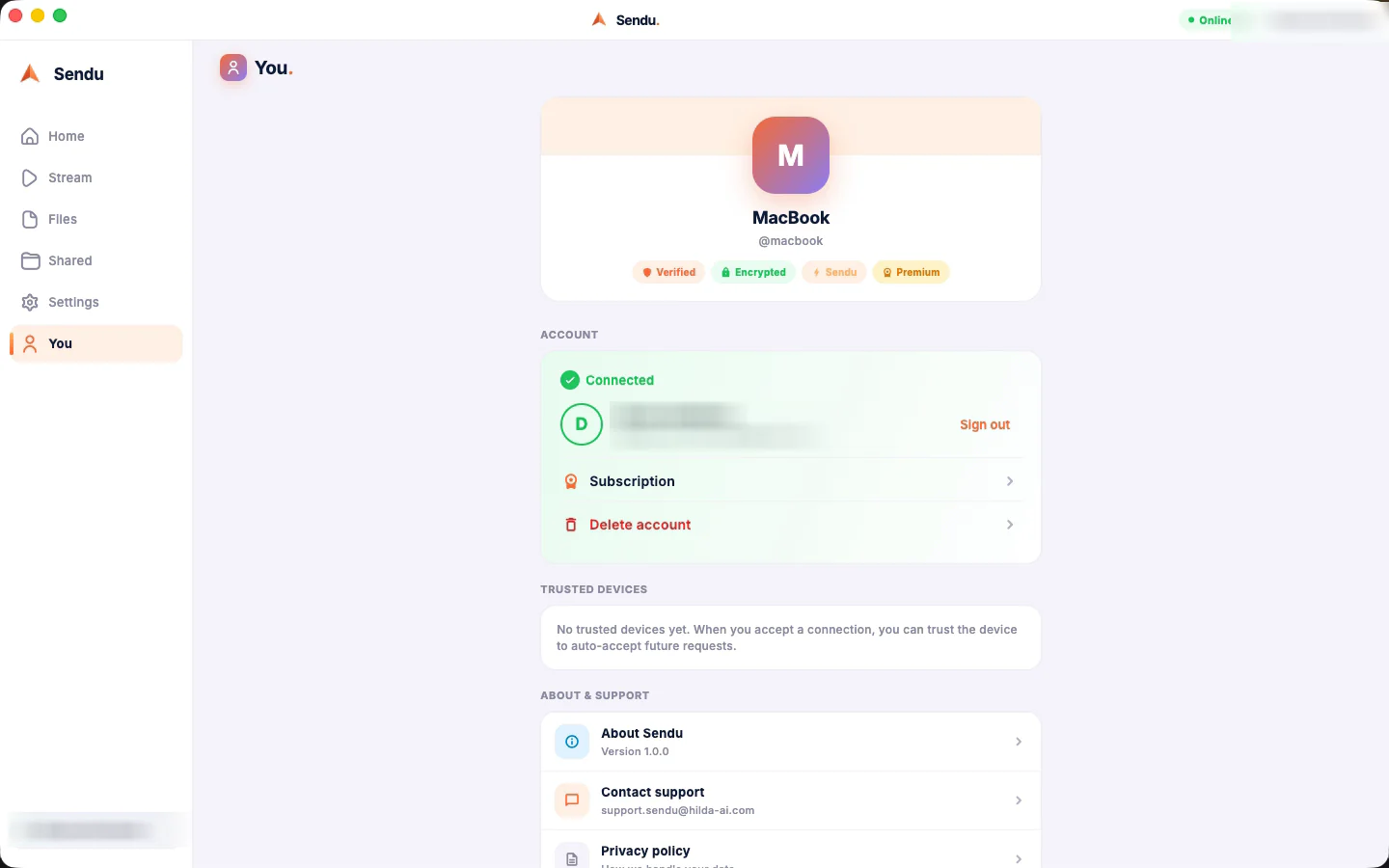 Sendu on macOS β the You tab with Premium